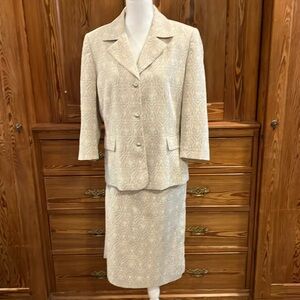 Evan Picone jacket skirt metallic gold gray cream 14